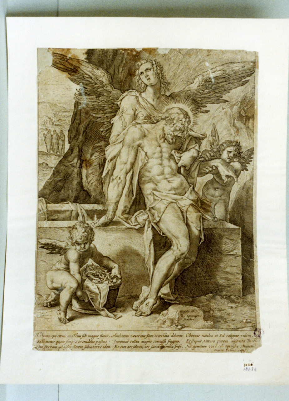 Cristo in pietà sorretto da angeli (stampa) di Spranger Bartholomaeus, Stimmer Tobias (sec. XVI)
