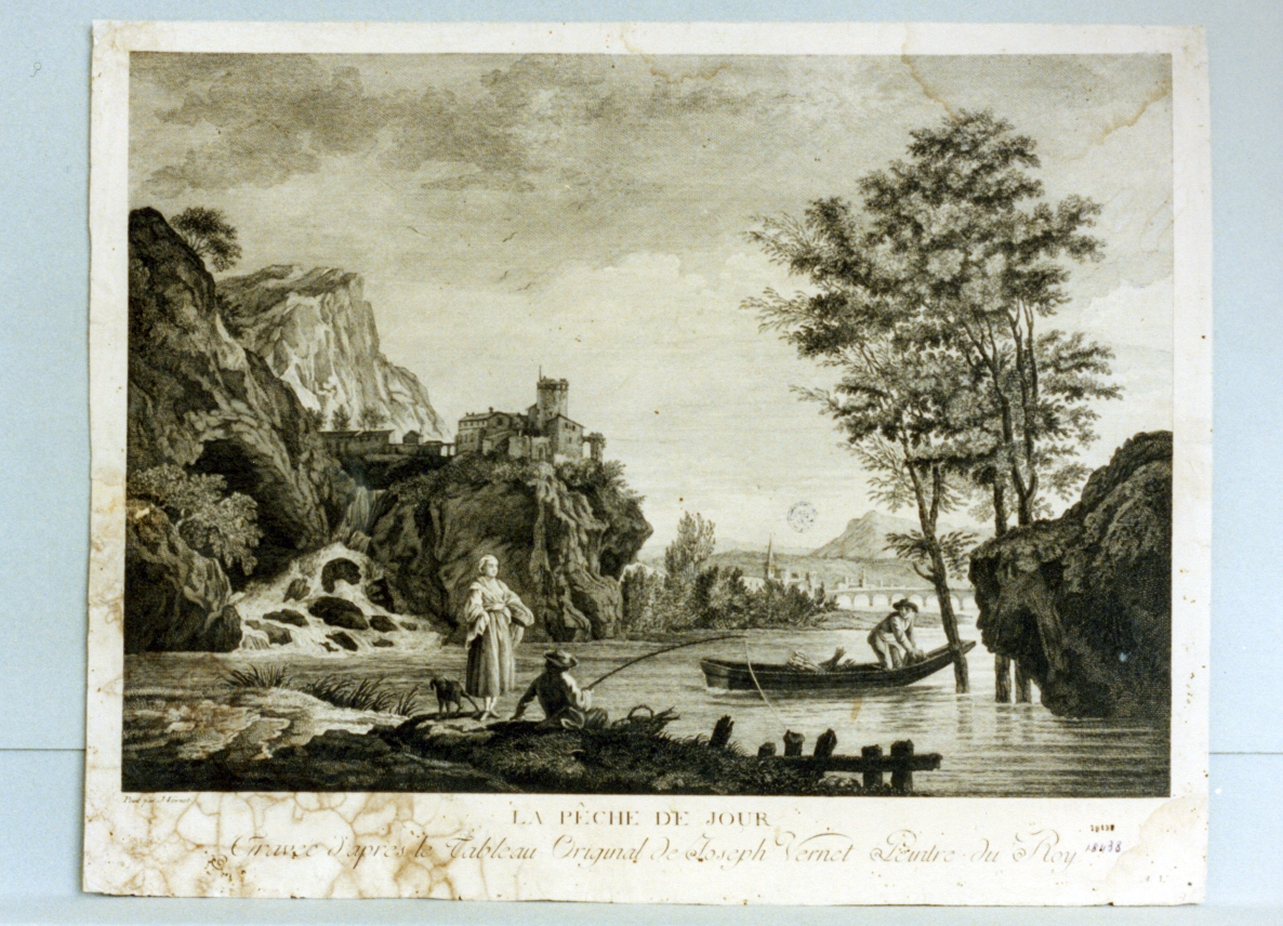 paesaggio fluviale con figure (stampa) di Vernet Claude Joseph (sec. XVIII)