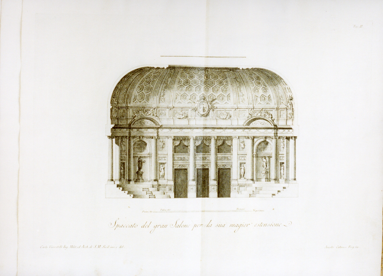 sezione di un salone edificato per la nascita del principe ereditariodelle due Sicilie (stampa) di Vanvitelli Carlo, Cataneo Aniello (sec. XVIII)