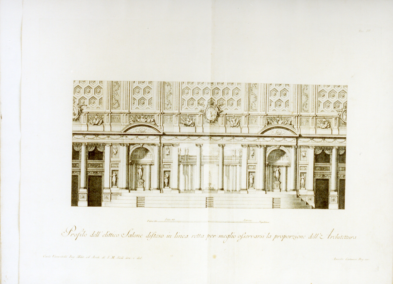 prospetto di un salone edificato per la nascita del principe ereditariodelle due Sicilie (stampa) di Cataneo Aniello, Vanvitelli Carlo (sec. XVIII)