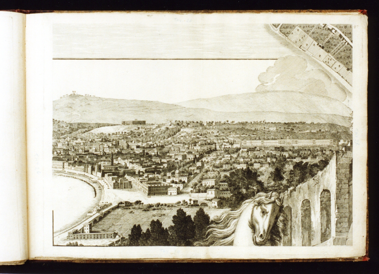 pianta topografica di Napoli con il Carmine e il ponte della Maddalena (stampa) di Lamarra Francesco, Carafa Giovanni, Aloja Giuseppe, Carletti Nicolò, Campana Pietro (sec. XVIII)