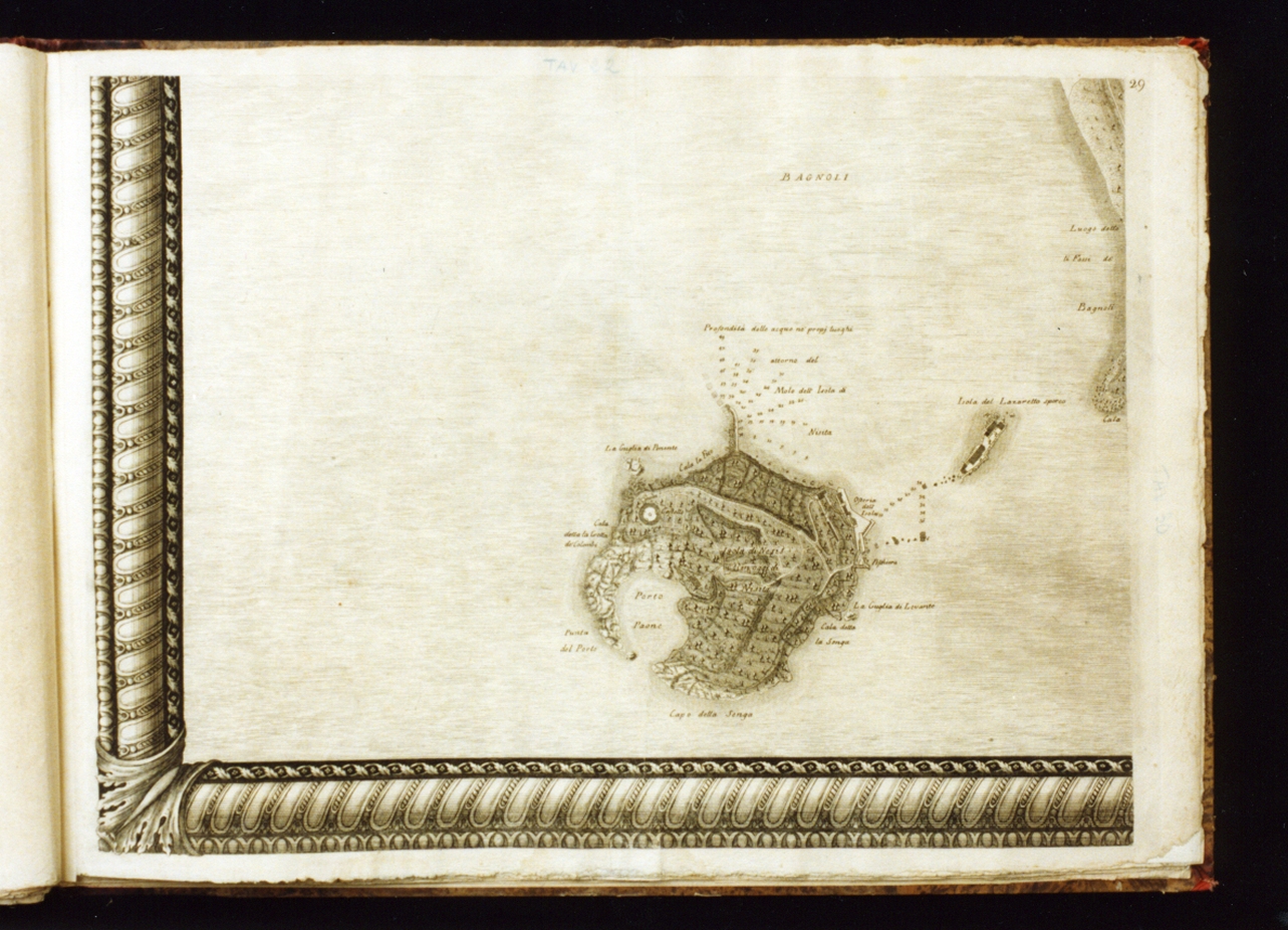 pianta topografica di Napoli con Nisida (stampa) di Campana Pietro, Lamarra Francesco, Carletti Nicolò, Aloja Giuseppe, Carafa Giovanni (sec. XVIII)
