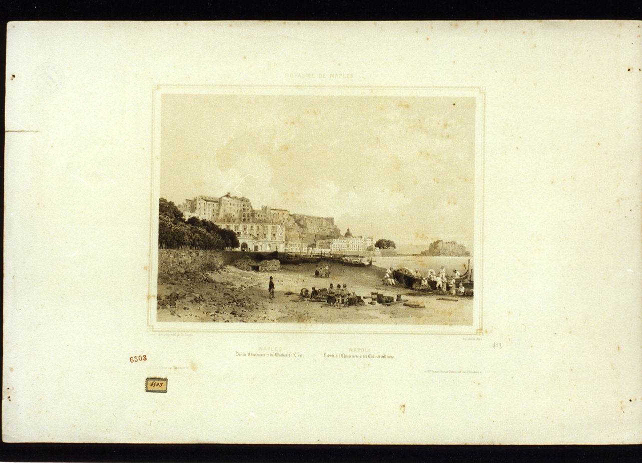 veduta del Chiatamone e del castel dell'Ovo a Napoli (stampa a colori) di Benoist Philippe (metà sec. XIX)