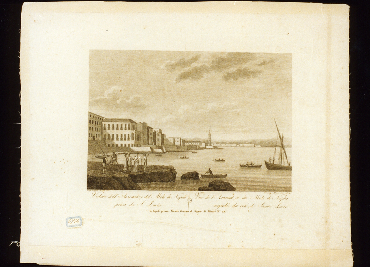 veduta dell'arsenale e del molo a Napoli (stampa) di Fergola Luigi, Alloja Vincenzo (sec. XIX)