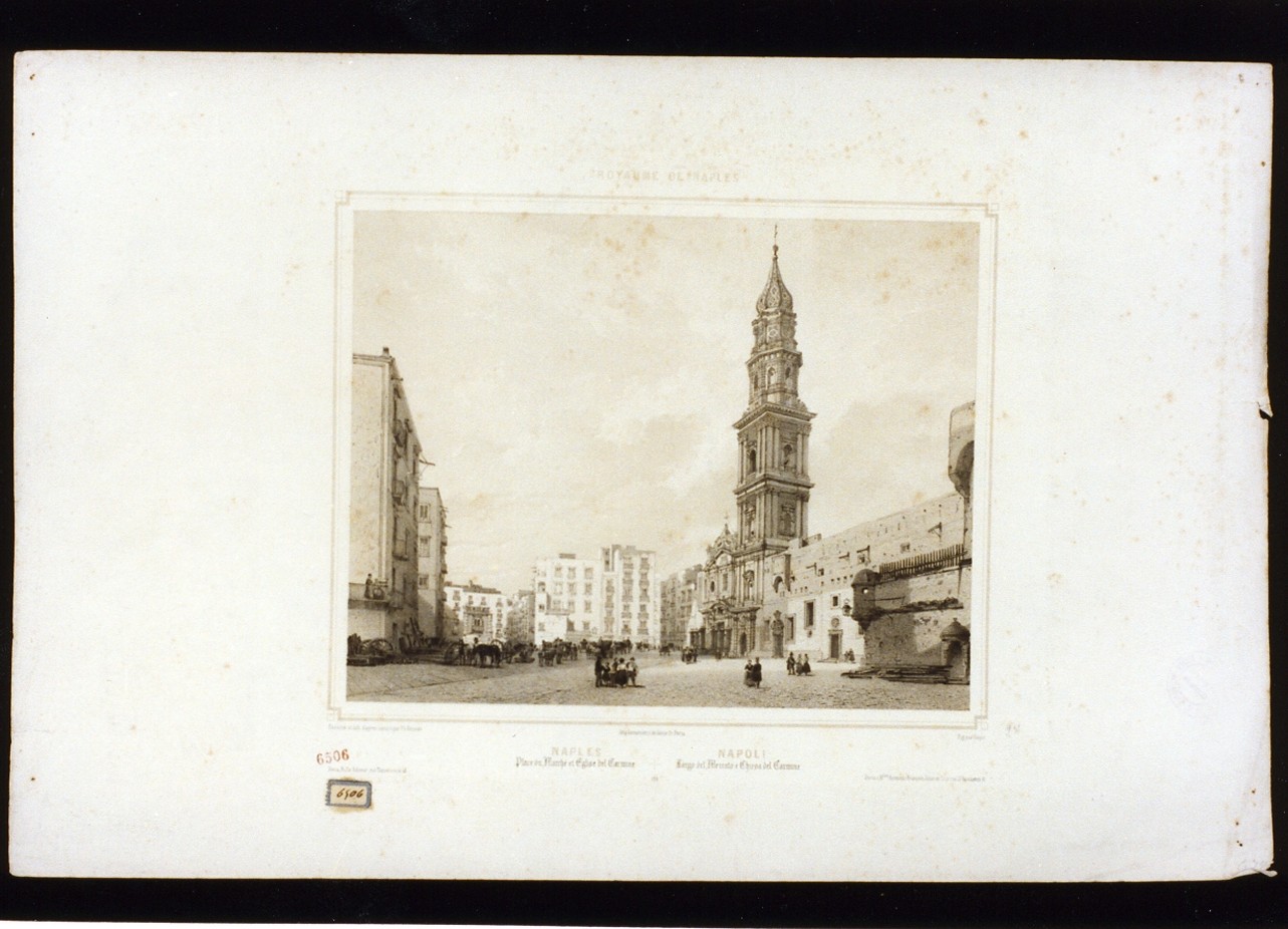veduta di piazza del Carmine a Napoli (stampa a colori) di Benoist Philippe (sec. XIX)