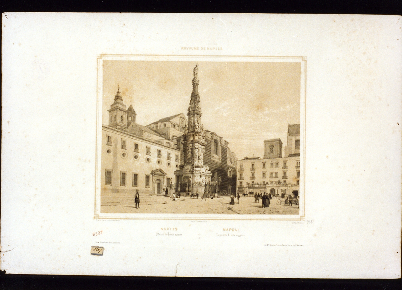 veduta di piazza del Gesù a Napoli (stampa a colori) di Benoist Philippe, Bachelier Charles Claude (sec. XIX)