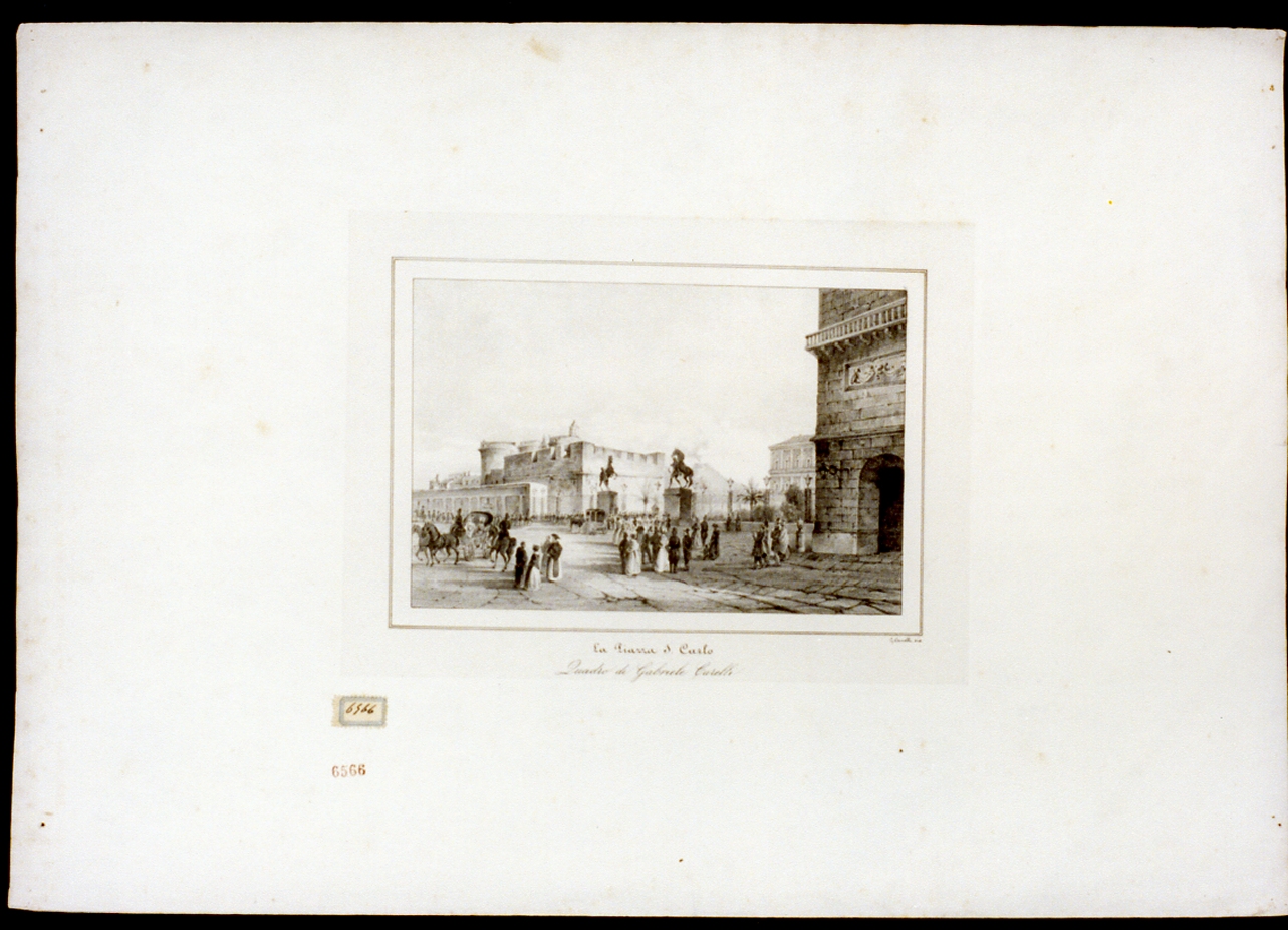 veduta di piazza San Carlo a Napoli (stampa) di Carelli Gabriele (terzo quarto sec. XIX)