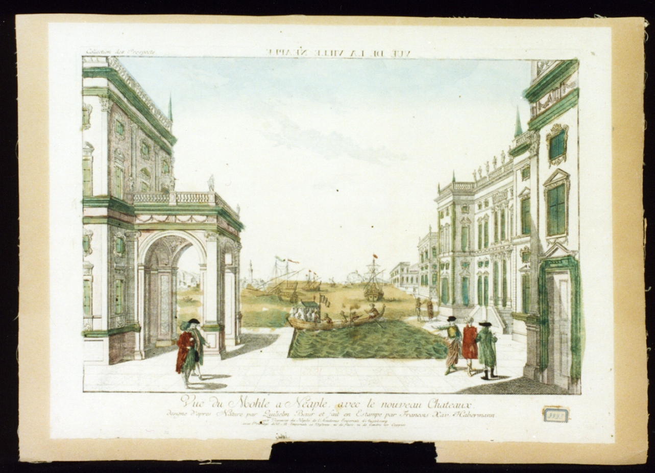 veduta del molo di Napoli (stampa a colori) di Baur Johann Wilhelm, Habermann Franz Xaver (seconda metà sec. XVIII)