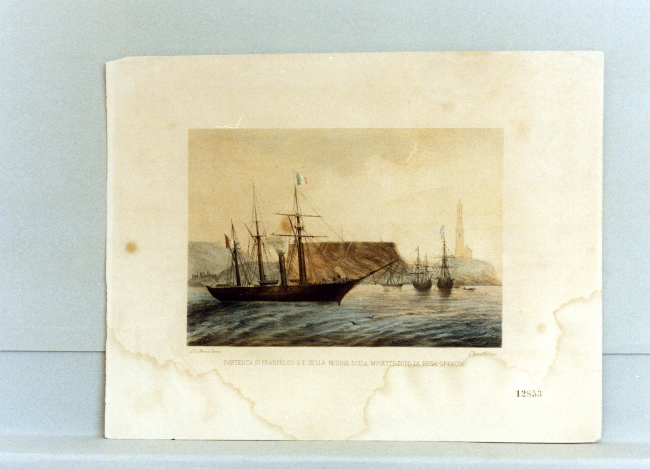 partenza di Francesco II di Borbone (stampa a colori) - ambito piemontese (sec. XIX)