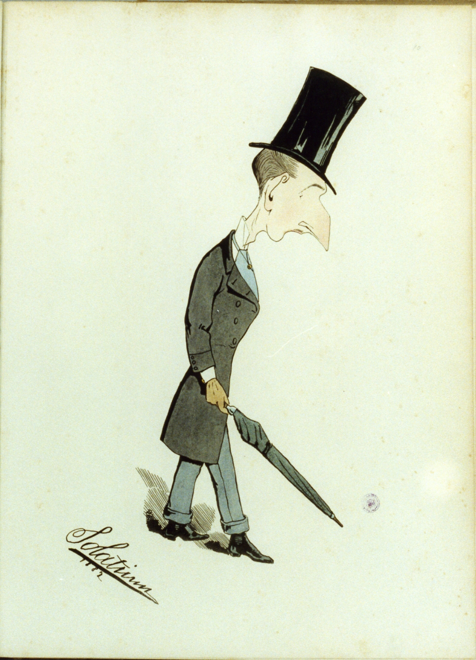 caricatura maschile (stampa a colori) di Buonsollazzi Mario detto Solatium (sec. XIX)