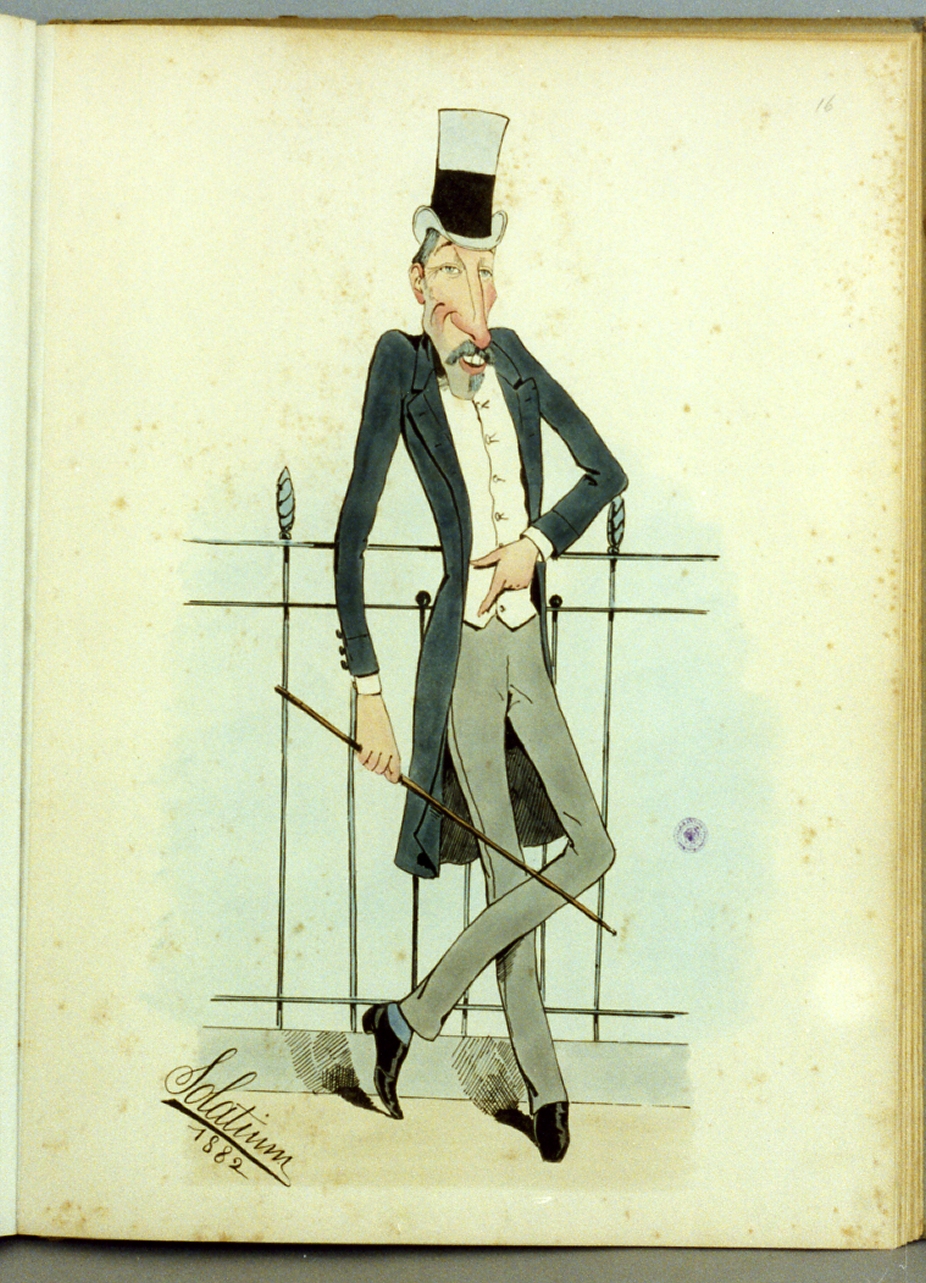 caricatura maschile (stampa a colori) di Buonsollazzi Mario detto Solatium (sec. XIX)