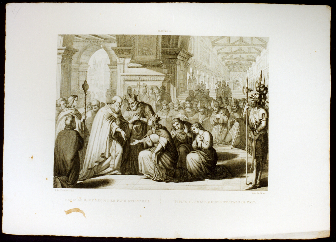 Pipino il breve riceve il papa Stefano III (stampa) di De Vivo Tommaso, Marchetti Domenico (sec. XIX)