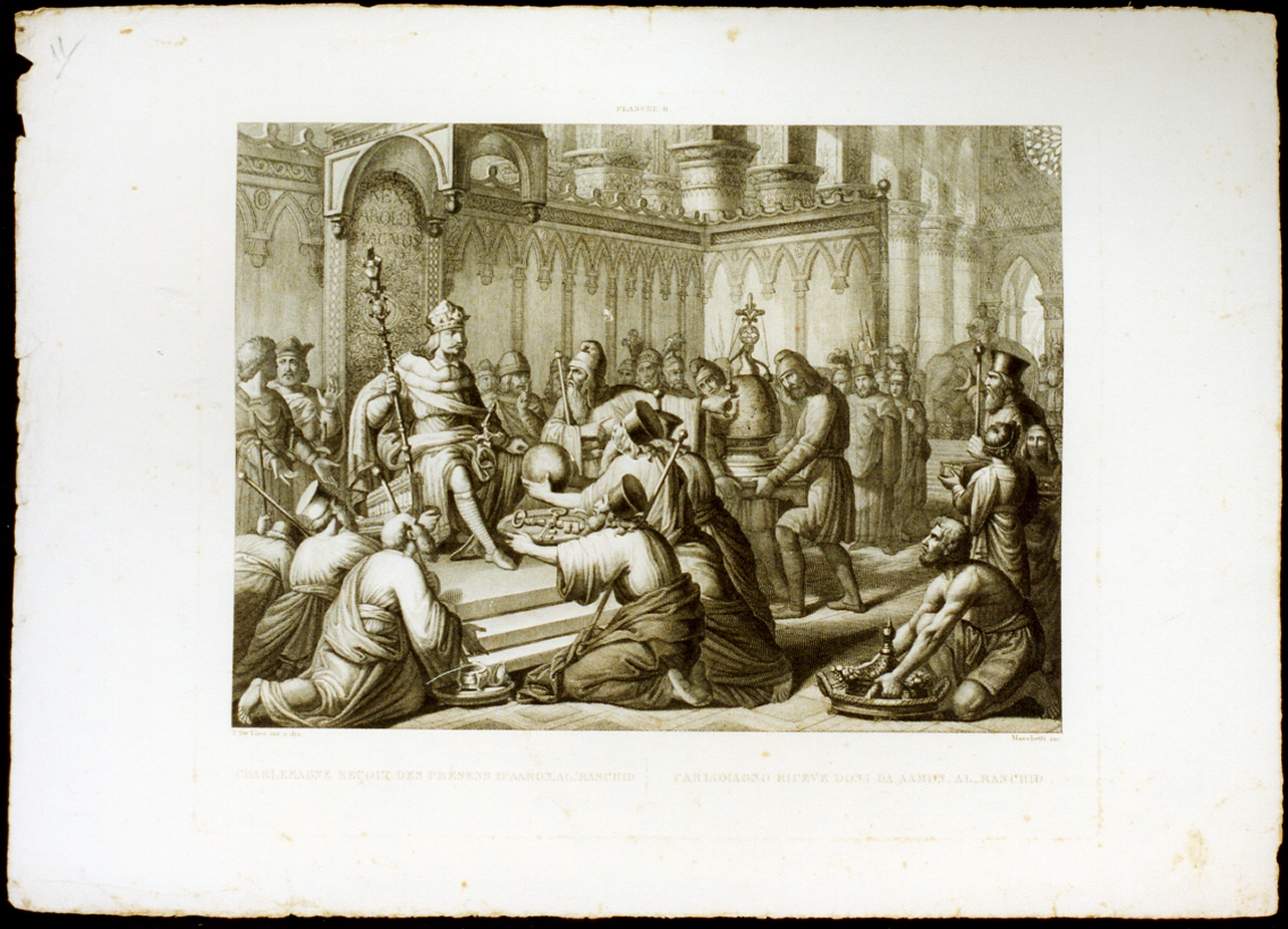 Carlo Magno riceve doni da Aaron al Raschid (stampa) di De Vivo Tommaso, Marchetti Domenico (sec. XIX)