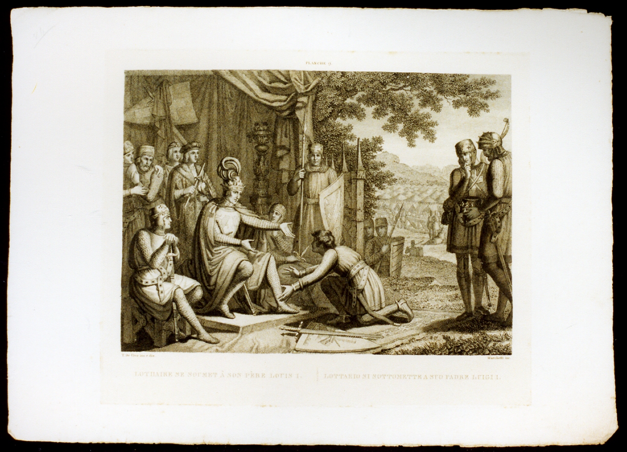 sottomissione di Lotario a suo padre Luigi I (stampa) di De Vivo Tommaso, Marchetti Domenico (sec. XIX)
