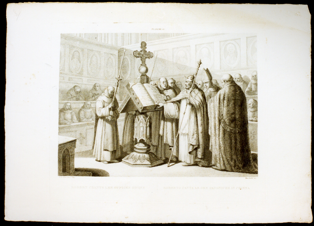 Roberto canta le ore canoniche in chiesa (stampa) di Marchetti Domenico, De Vivo Tommaso (sec. XIX)
