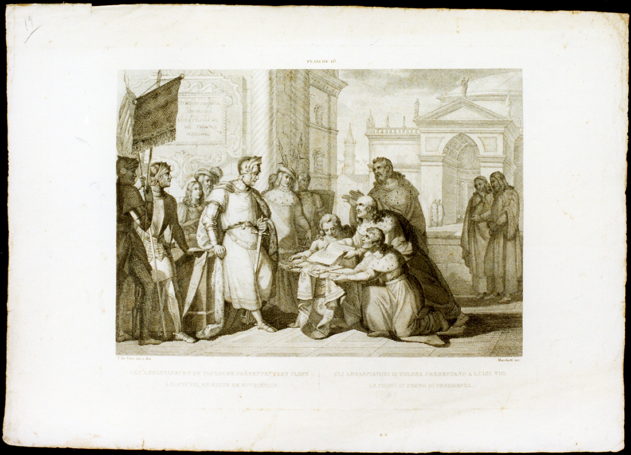 gli ambasciatori di Tolosa presentano a Luigi VIII le chiavi (stampa) di Marchetti Domenico, De Vivo Tommaso (sec. XIX)