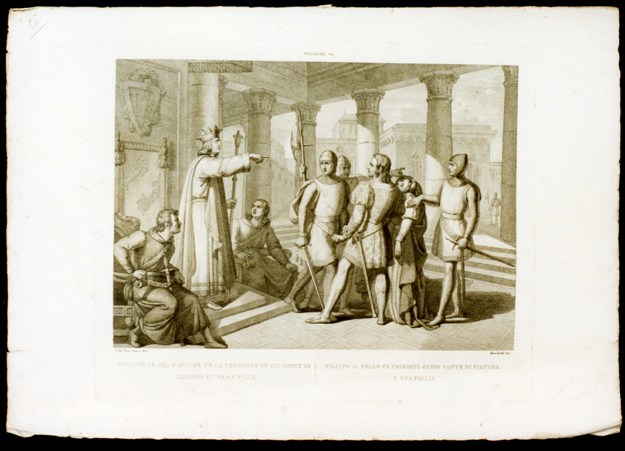 Filippo il bello imprigiona Guido conte di Fiandra e sua figlia (stampa) di De Vivo Tommaso, Marchetti Domenico (sec. XIX)