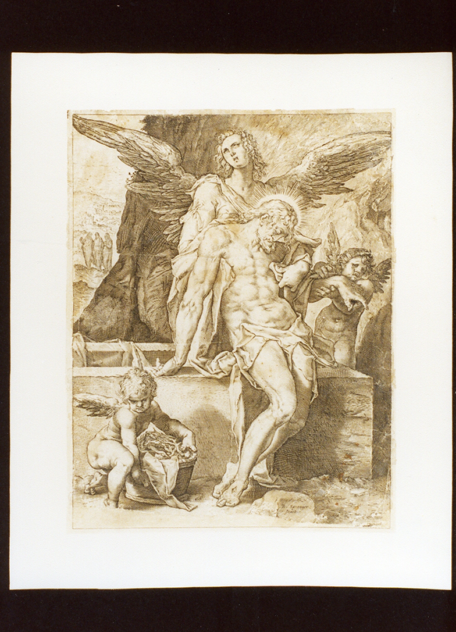 Cristo in pietà sorretto da angeli (stampa) di Spranger Bartholomaeus (secc. XVI/ XVII)