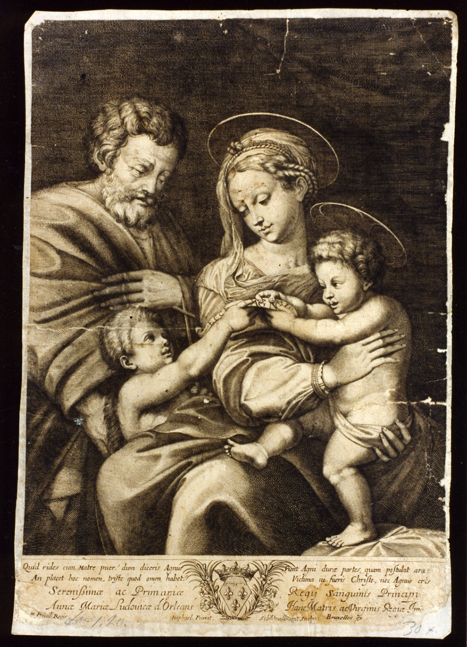 Sacra Famiglia con San Giovanni Battista bambino (stampa) di Vouillemont Sebastien (sec. XVII)