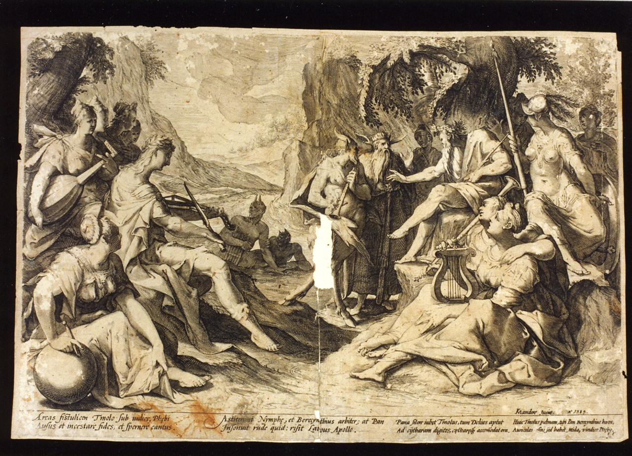 Pan e Apollo (stampa) di Van Mander Karel (sec. XVI)