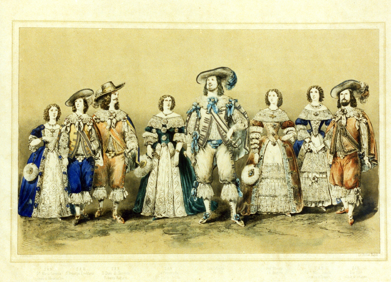 personaggi della festa in costume del 20 febbraio 1854 (stampa a colori) di Mattei Pasquale (sec. XIX)