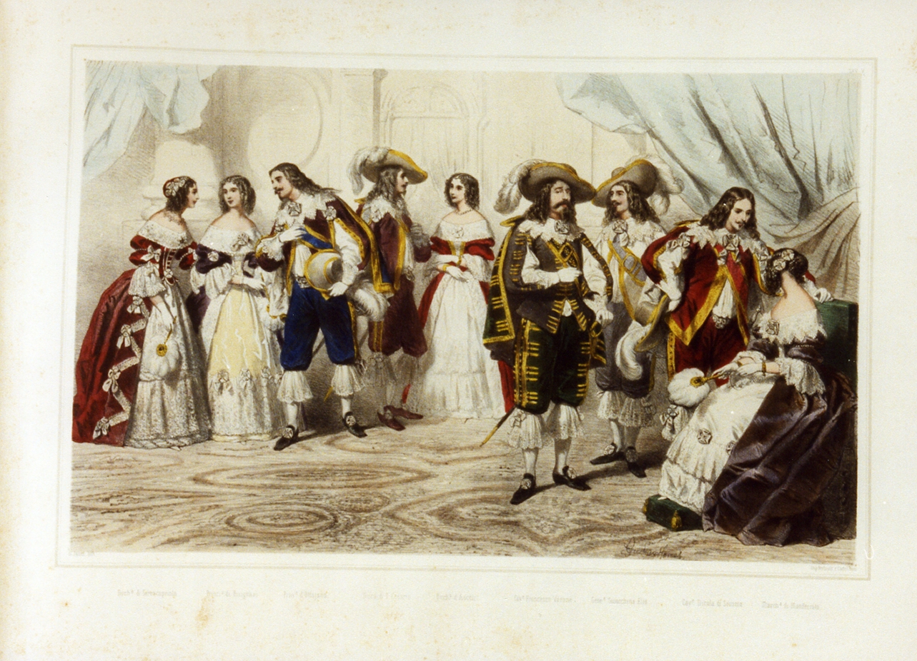 personaggi della corte borbonica in costume (stampa a colori) di Janet Gustave (sec. XIX)