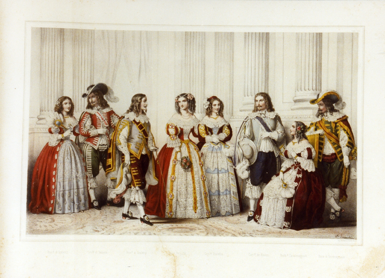 personaggi della corte borbonica in costume (stampa a colori) di Lacauchie Alexandre (sec. XIX)