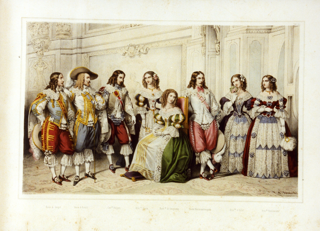 personaggi della corte borbonica in costume (stampa a colori) di Lacauchie Alexandre (sec. XIX)