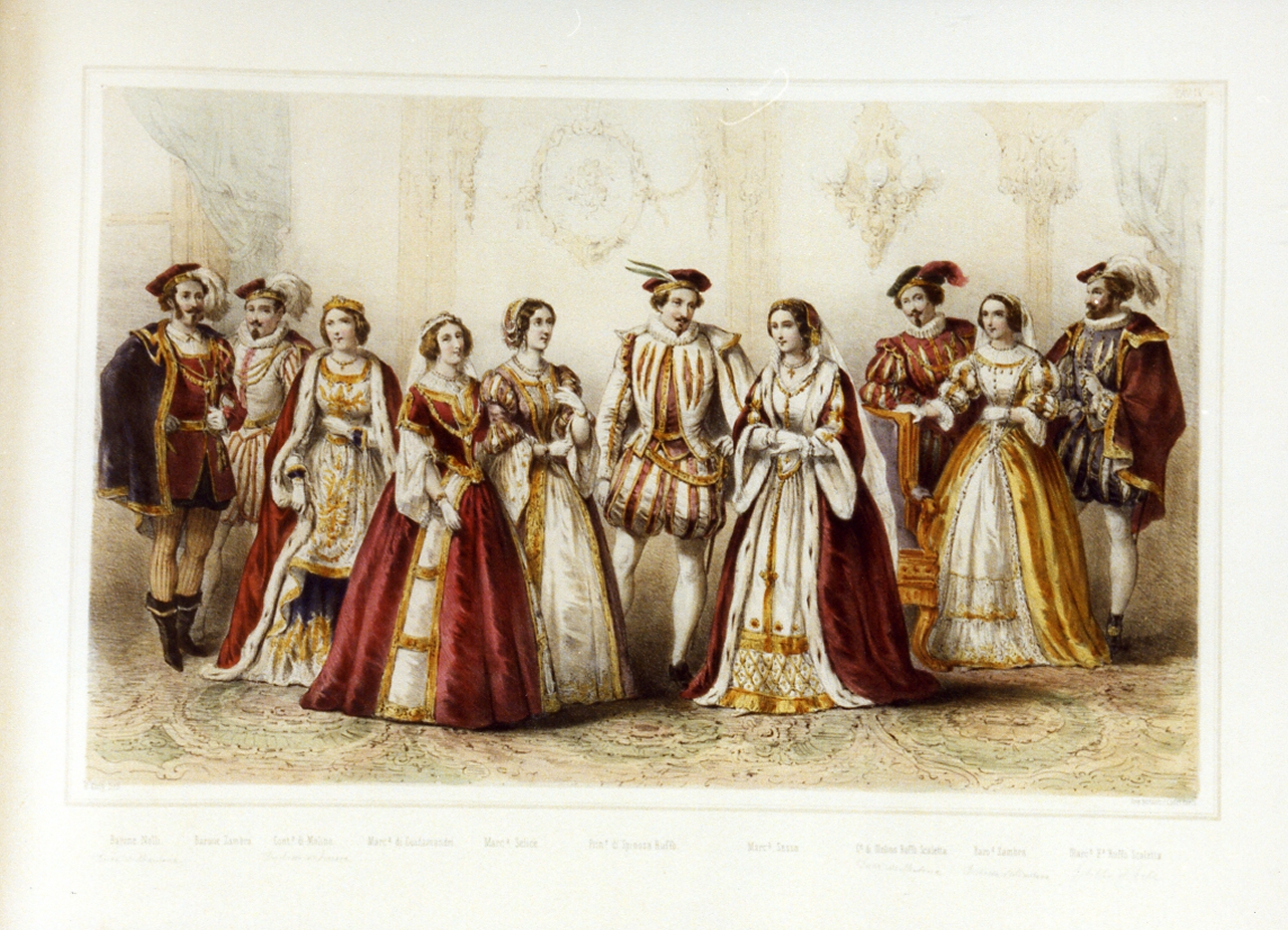 personaggi della corte borbonica in costume (stampa a colori) di Emy Henri (sec. XIX)