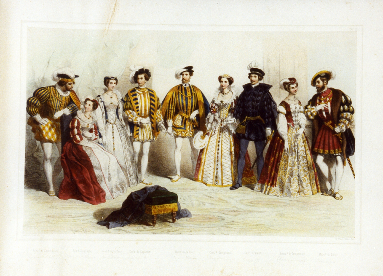 personaggi della corte borbonica in costume (stampa a colori) di Janet Gustave (sec. XIX)