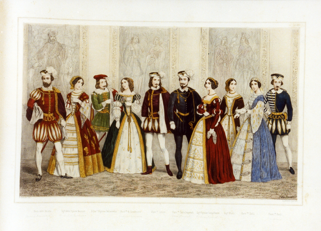 personaggi della corte borbonica in costume (stampa a colori) di Grenier Henri (sec. XIX)