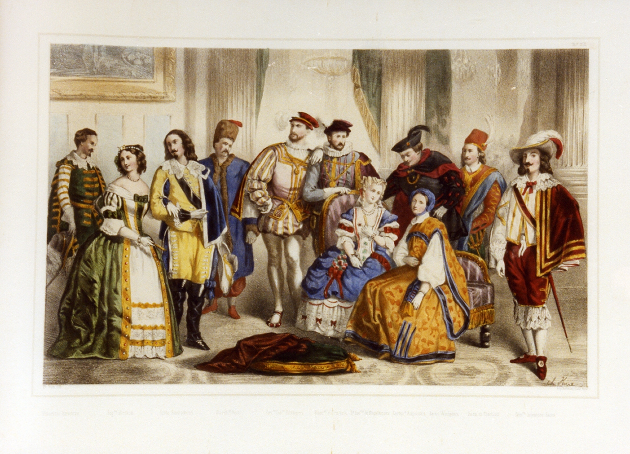 personaggi della corte borbonica in costume (stampa a colori) di Hue Charles Désiré (sec. XIX)