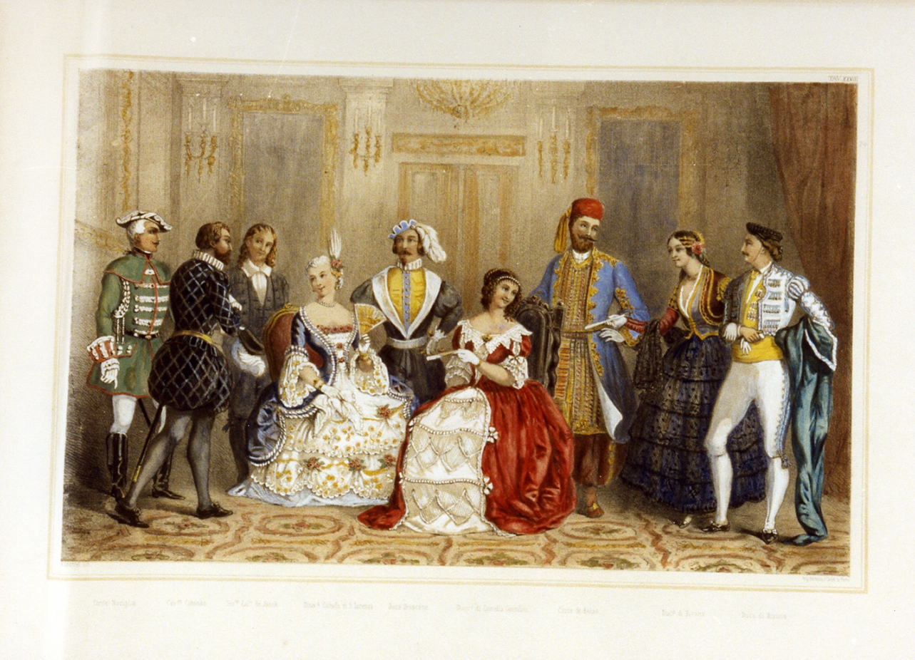 personaggi della corte borbonica in costume (stampa a colori) di Loutrel Victor Jean Baptiste (sec. XIX)
