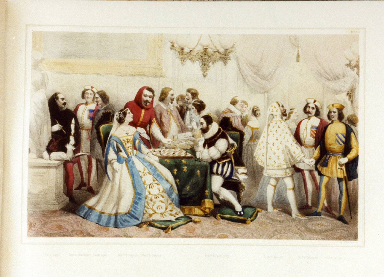 personaggi della corte borbonica in costume (stampa a colori) di Greppi Antonio (sec. XIX)