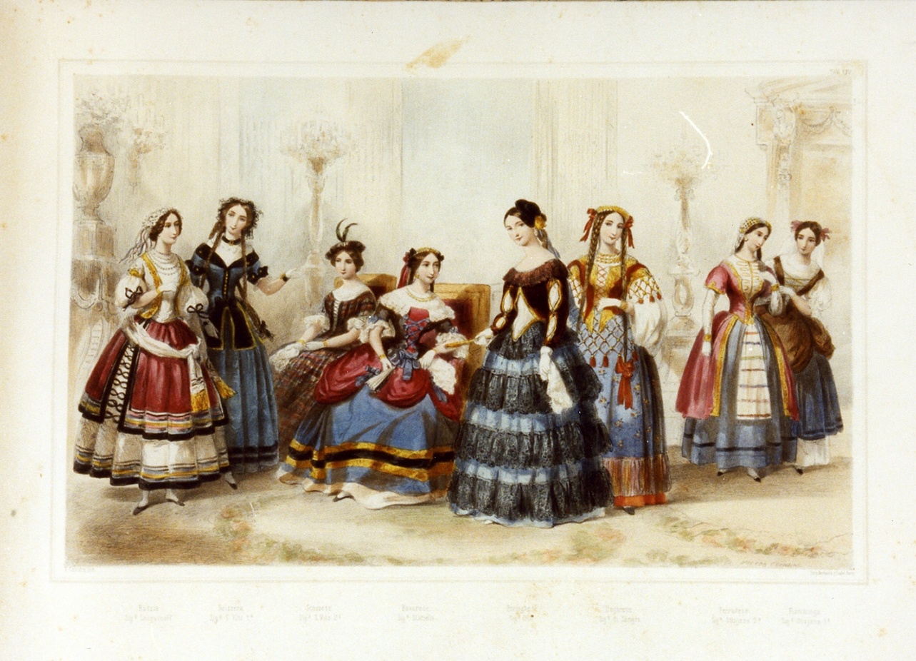 personaggi della corte borbonica in costume (stampa a colori) di Coindré Victor (sec. XIX)