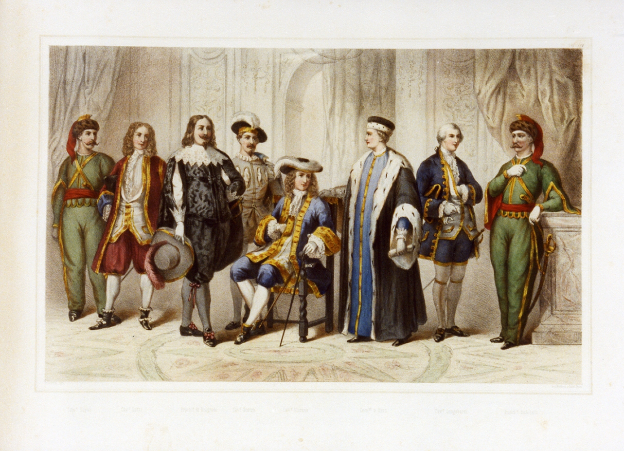 personaggi della corte borbonica in costume (stampa a colori) di Loutrel Victor Jean Baptiste (sec. XIX)