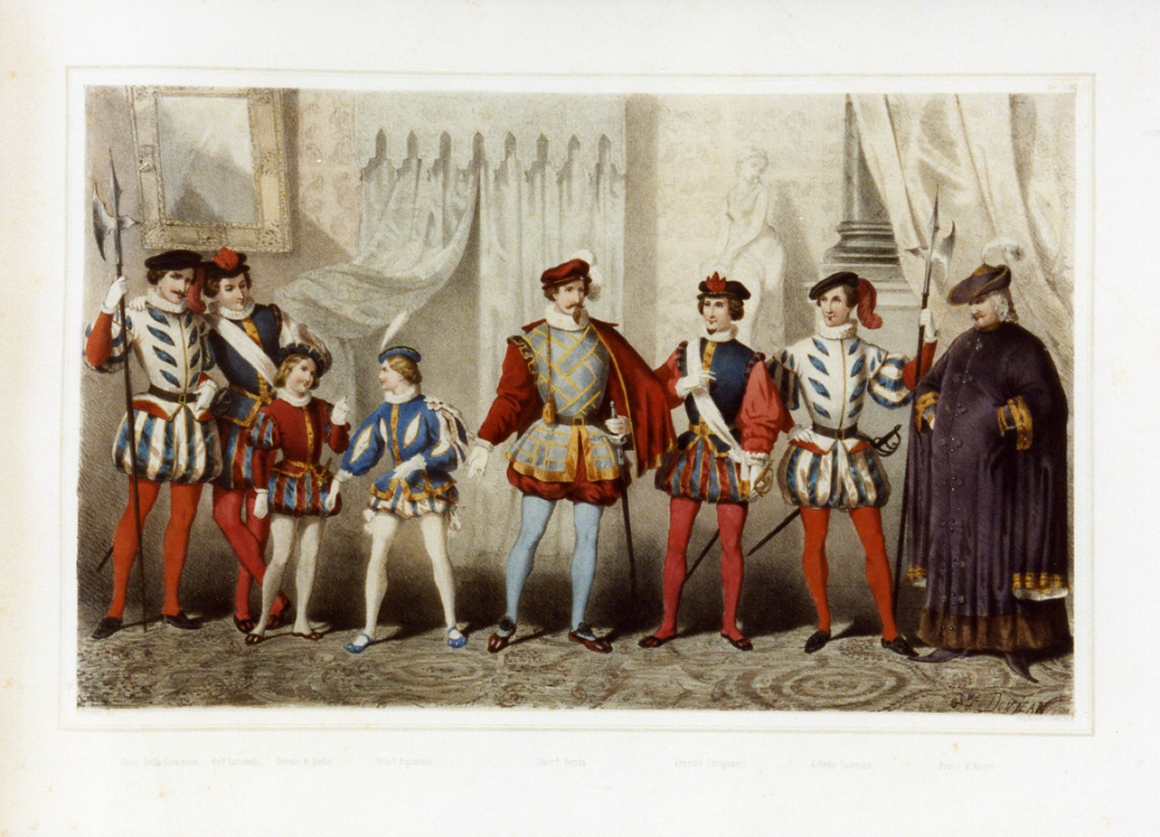 personaggi della corte borbonica in costume (stampa a colori) di Donjean Gustave (sec. XIX)