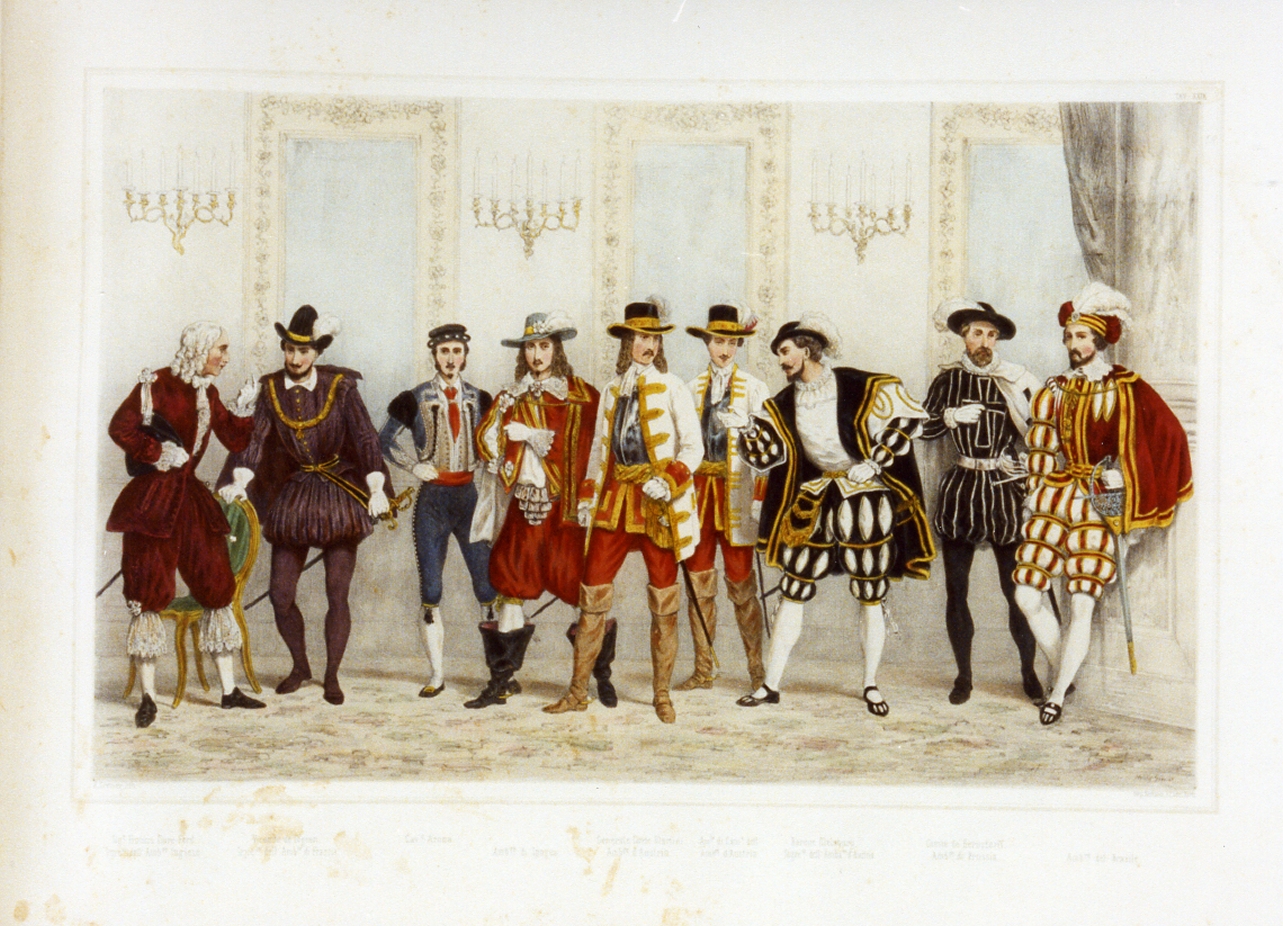 personaggi della corte borbonica in costume (stampa a colori) di Grenier Henri (sec. XIX)