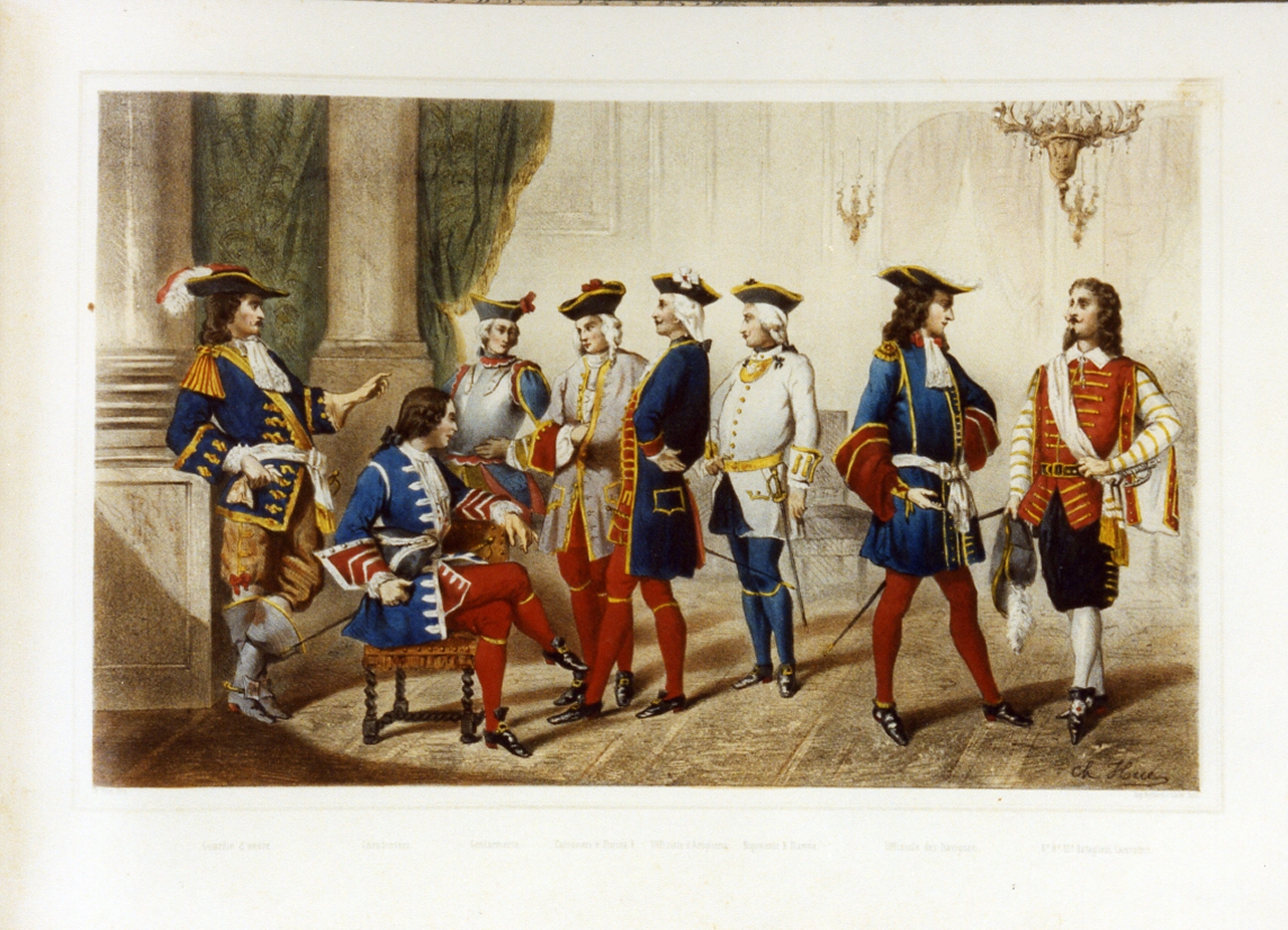 personaggi della corte borbonica in costume (stampa a colori) di Hue Charles Désiré (sec. XIX)