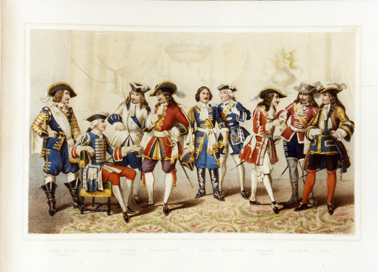 personaggi della corte borbonica in costume (stampa a colori) di Donjean Gustave (sec. XIX)