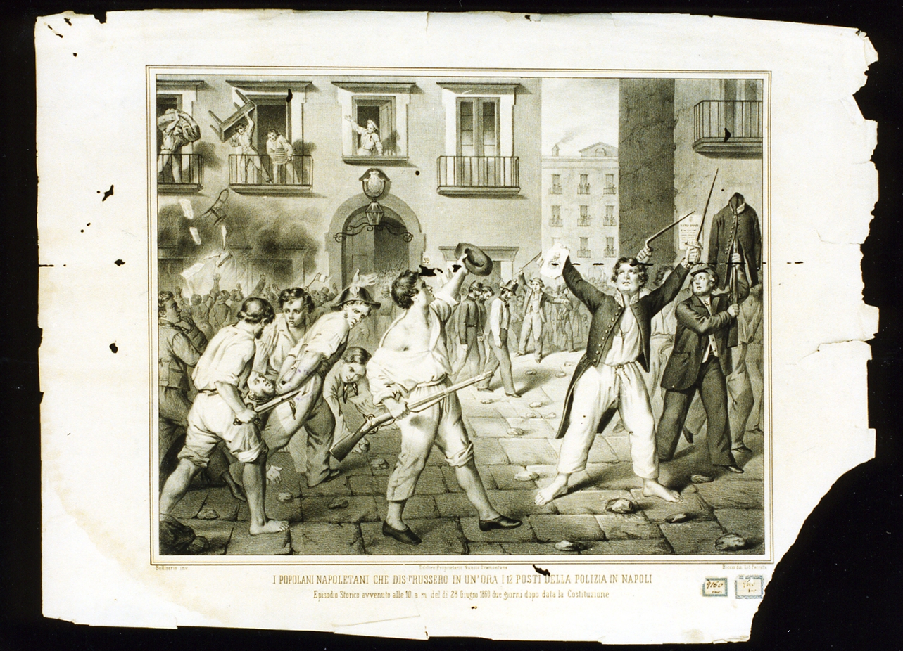 popolo napoletano che distrugge i dodici posti di polizia (stampa) - ambito napoletano (seconda metà sec. XIX)