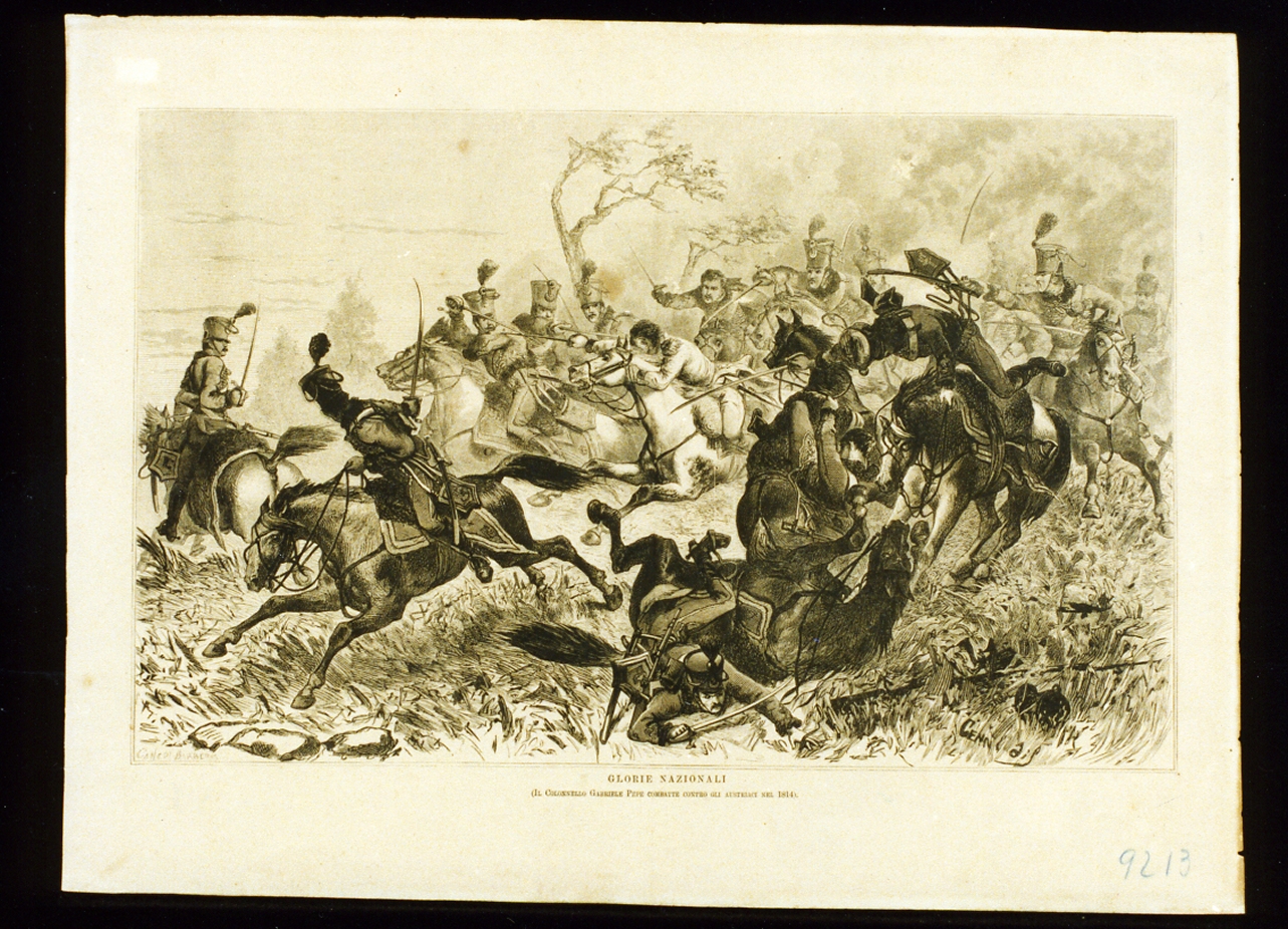battaglia tra Gabriele Pepe e gli austriaci nel 1814 (stampa tagliata) - ambito italiano (prima metà sec. XIX)