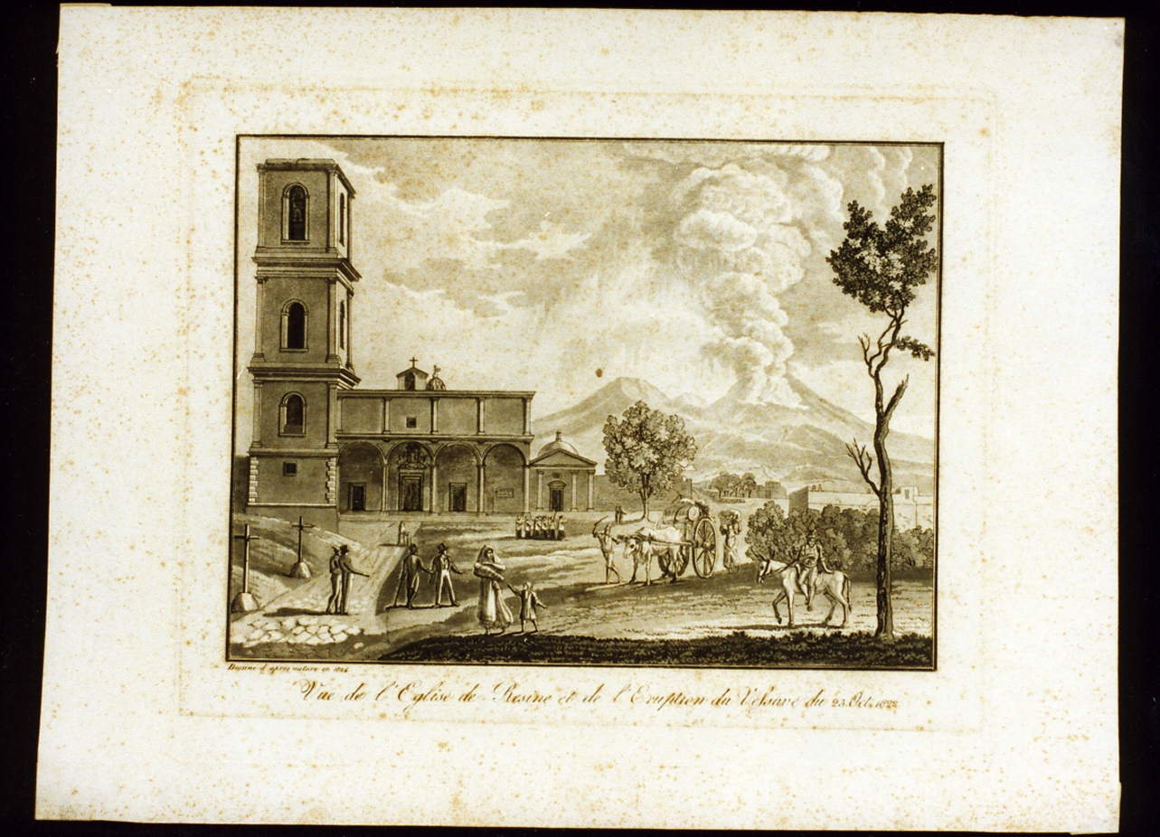 veduta con la chiesa di Resina e l'eruzione del Vesuvio del 1822 (stampa) - ambito napoletano (prima metà sec. XIX)