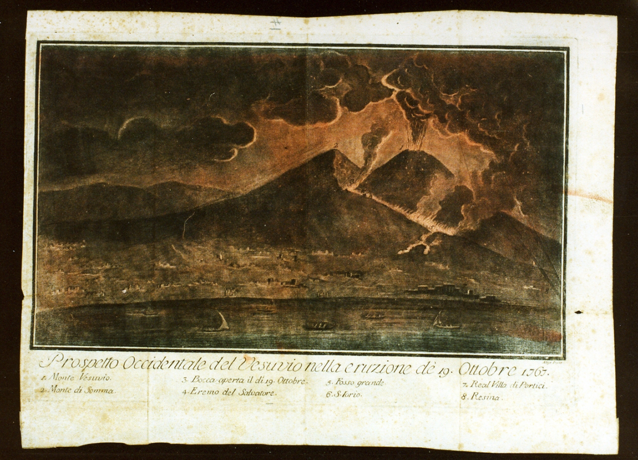 veduta del Vesuvio durante l'eruzione del 1767 (stampa a colori tagliata) - ambito napoletano (seconda metà sec. XVIII)