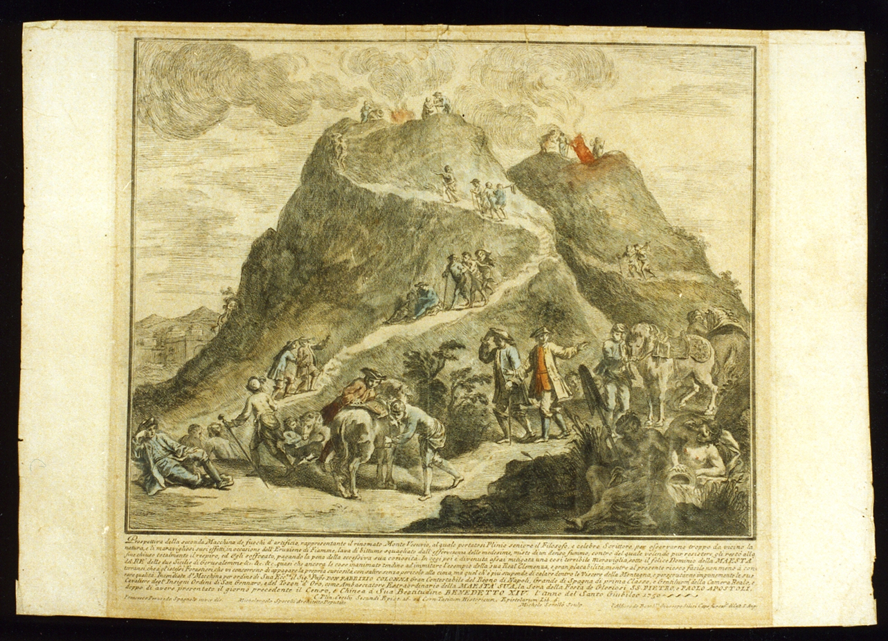 veduta del Vesuvio dalla costa di Portici (stampa a colori tagliata) di De Sorellò Miguel (sec. XVIII)