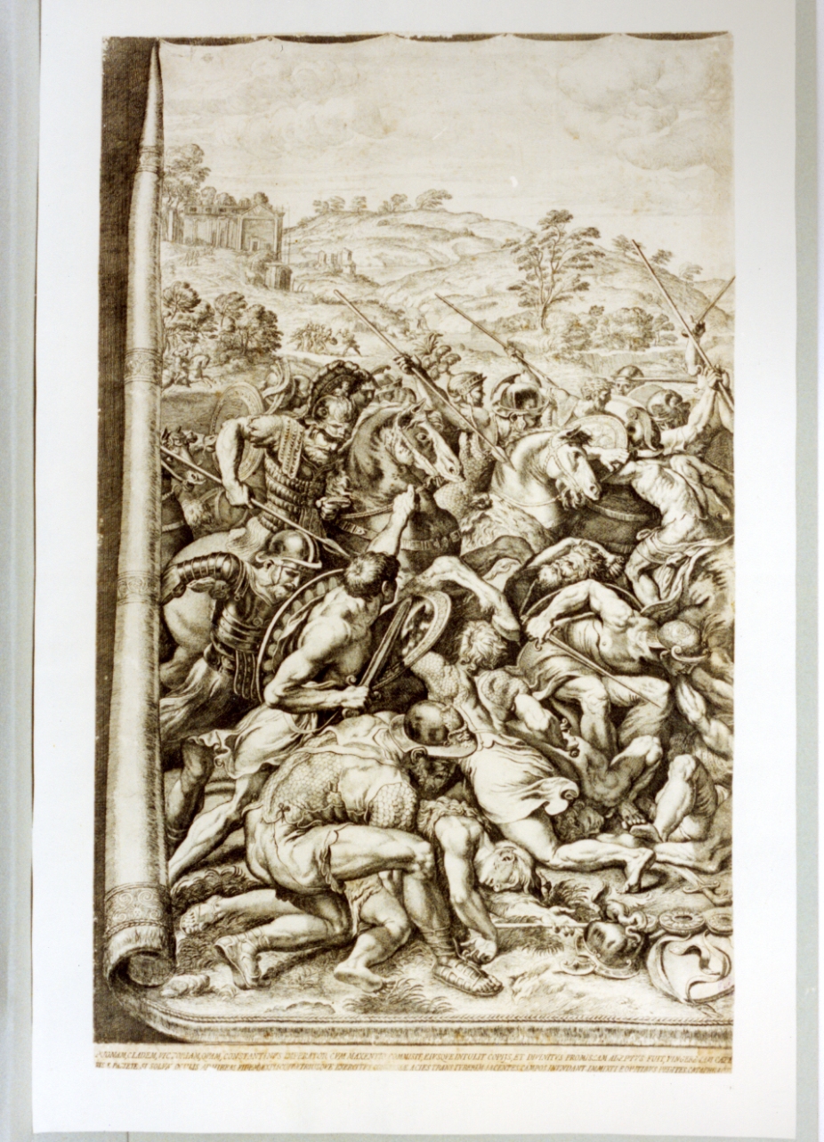 apparizione della croce a Costantino durante la battaglia di ponte Milvio (stampa) di Aquila Francesco Faraone (secc. XVII/ XVIII)