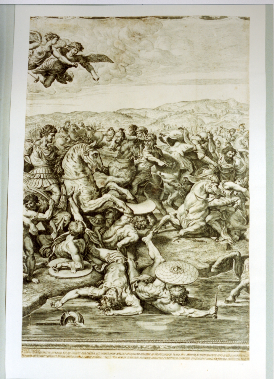 apparizione della croce a Costantino durante la battaglia di ponte Milvio (stampa) di Aquila Francesco Faraone (secc. XVII/ XVIII)