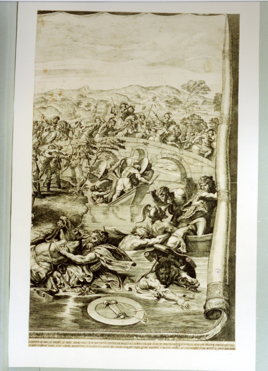 apparizione della croce a Costantino durante la battaglia di ponte Milvio (stampa) di Aquila Francesco Faraone (secc. XVII/ XVIII)