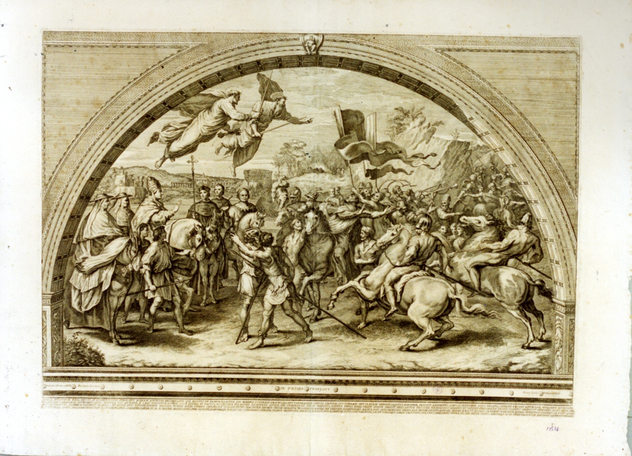San Pietro e San Paolo mettono in fuga Attila (stampa) di Aquila Francesco Faraone (secc. XVII/ XVIII)