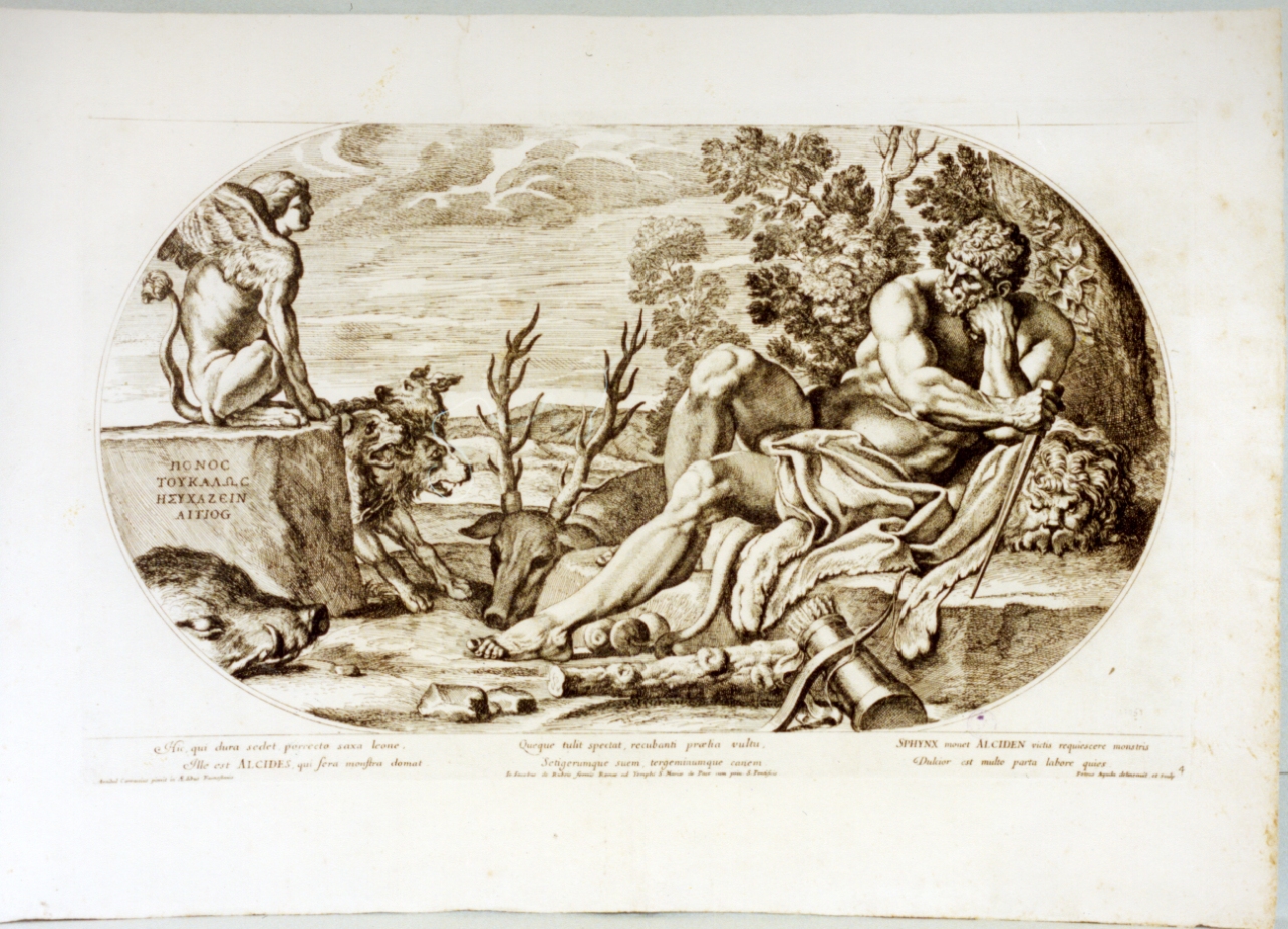 Ercole e la Sfinge (stampa) di Dell'Aquila Pietro (sec. XVII)